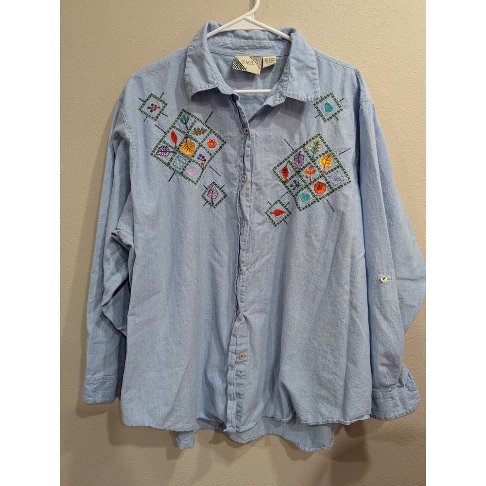 Women's long sleeve button up chambray leaves & floral embroidery shirt size 3X
